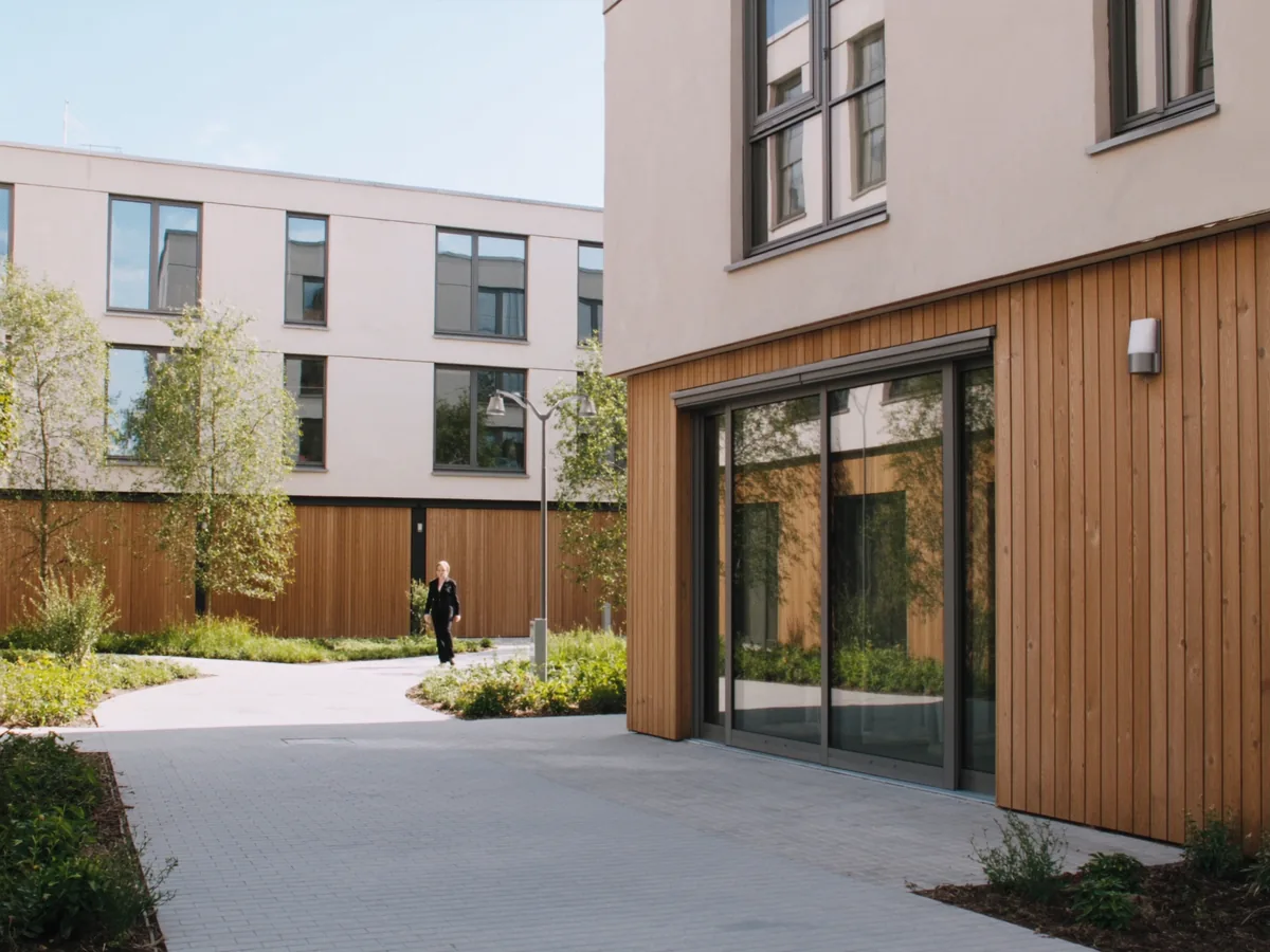 Moderner Wohnungsneubau mit bodentiefen Fenstern und Schiebetür in einem neuen Quartier